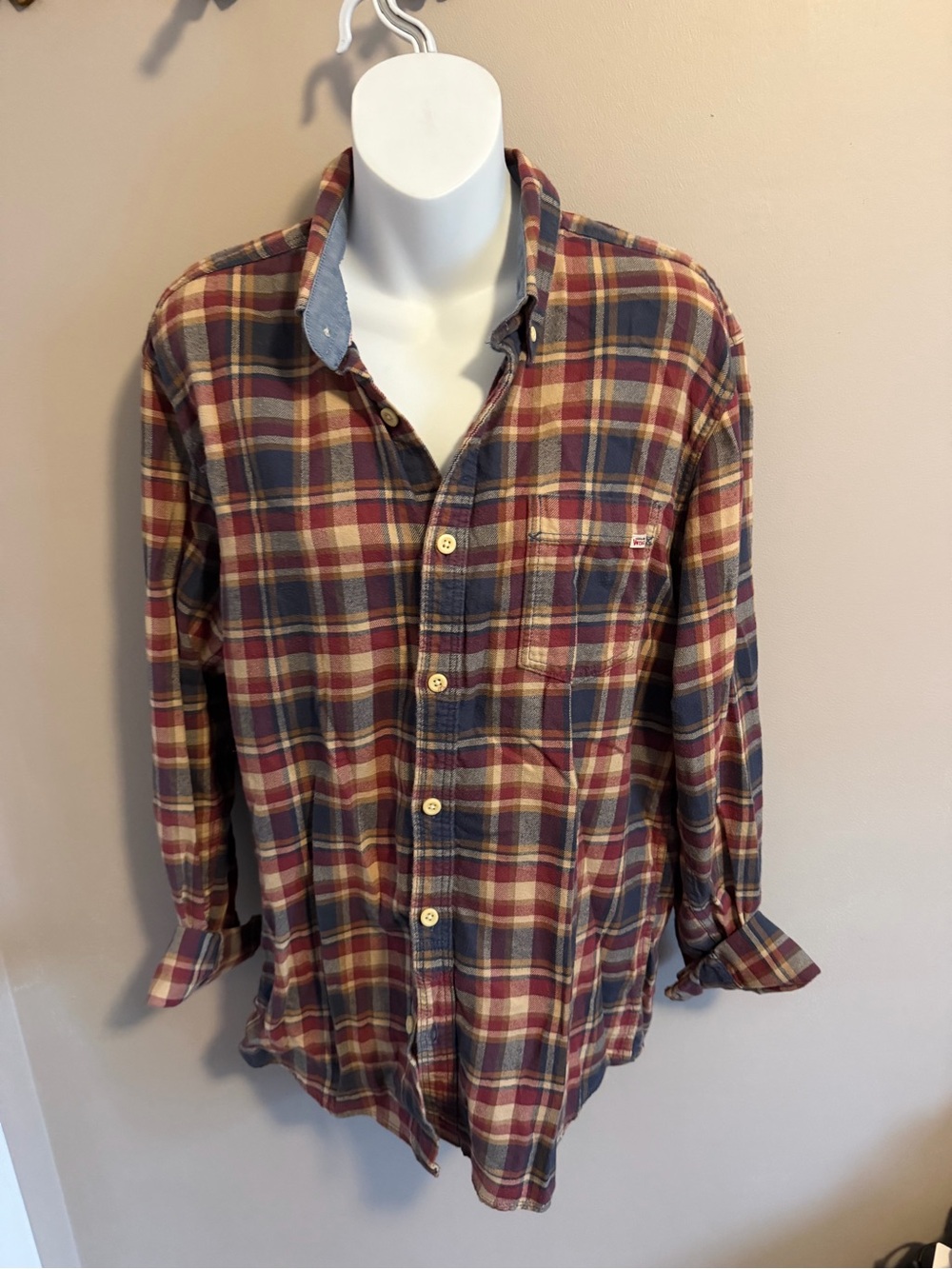 Jack & Jones Vintage Co. Cotton Plaid Flannel Shirt Burgundy Blue L